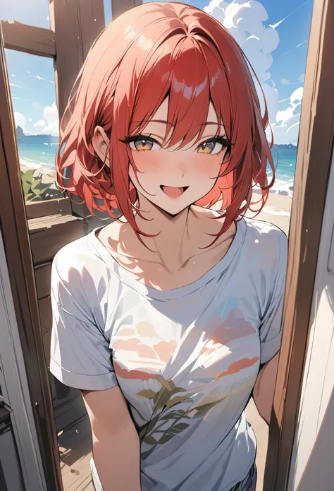 ((best quality)), ((masterpiece)), (detailed), perfect face,red hair,smile,open your mouth a little,summer,Blue sky,cloud,Standing picture,short sleeve t-shirt,Upper body