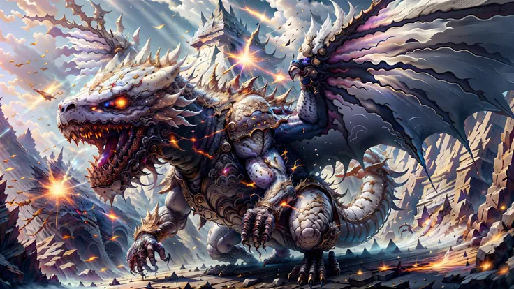 (highest quality,4k,8K,High resolution,masterpiece:1.4),Super detailed,(realistic photo style),ff14style,(1 crystal dragon:1.2),(very powerful laser beam from mouth:1.4),huge and majestic wings,powerful fangs,shining scales,(Flying majestically over the sk...