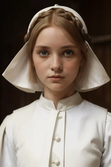 England, 1348. ((((31-year-old)) Caris Wooler)), attractive, expressive eyes, hands stained, ((horror and shock expression)). ((((clothings from the 1340s, white uniform)))), ((light chestnut hairstyle of the 1340s))