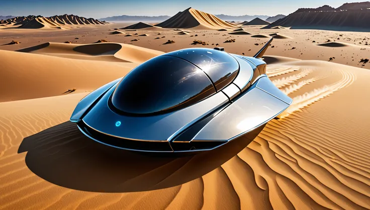 (best quality,4k,8k,highres,masterpiece:1.2), ultra-detailed, (realistic,photorealistic,photo-realistic:1.37), small shiny spaceship, ((computer mouse shape)), 2 seats, flying above the desert, desert landscape, illuminated by warm sunlight, clear blue sky...