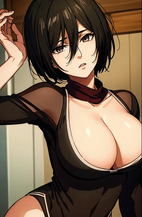 masterpiece,best quality,1girl,,mikasa ackerman,short hair between eyes,black dress,mature woman,,looking at viewer,short hair,s...