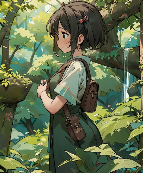 (masterpiece、highest quality、highest quality、official art、beautiful beautiful:1.2)、(1 girl:1.3)Hatsune Miku、twin tails,big breasts,masterpiece、masterpiece、With background: In a secluded area with primeval forests and waterfalls、Brave female explorer standi...