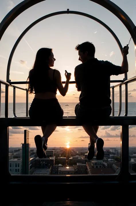 Silhouettes of two lovers are riding a ferris wheel while watching the sunset.