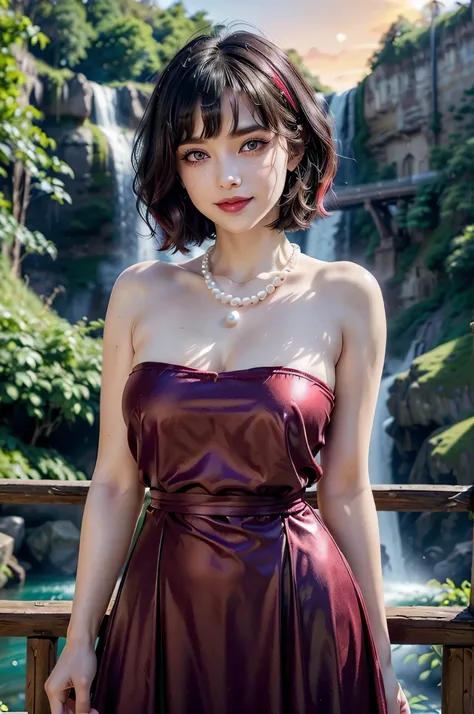 Beautiful young teen, solo, gothic, pale white skin, short hair, (((bangs))), (((short and wavy dark black hair, with red highlights))), (((super light violet eyes))), (((very sharp and tilted almond eyes, eyeliner))), double eyelid, (((very long and thick...