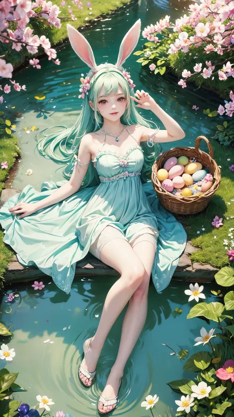 a captivating masterpiece of an easter bunny girl, her pastel-hued rabbit ears framed against a backdrop of lush spring greenery...