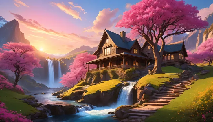 super wide angle, Chroma V5, Wink Punk, analogy style, a beautiful house，Located on a beautiful mountain，The hills are filled with super detailed spring pink trees, Set against the backdrop of a beautiful and authentic waterfall, Beautiful spectacular suns...