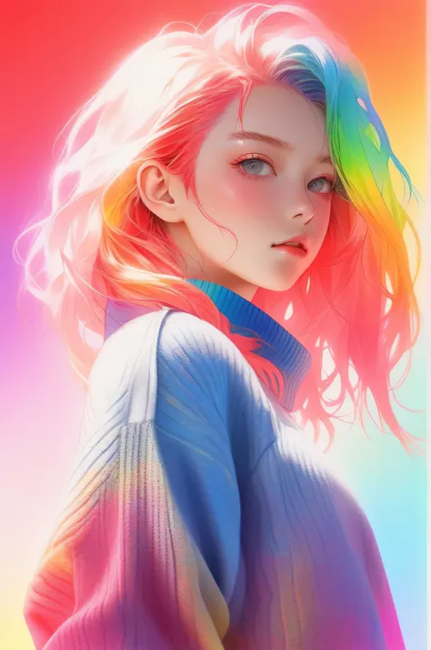 anime ,realistic ,sketch , 1 girl, 12 years old,lip, sweater,order, Red gradient background, neon hair,textured crop, Canadian , (masterpiece,highest quality,rainbow style)、look up from below、最高masterpiece、