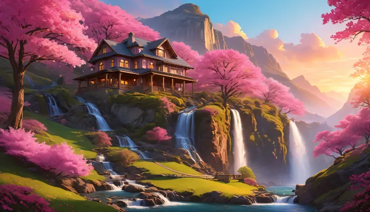 super wide angle, Chroma V5, Wink Punk, analogy style, a beautiful house，Located on a beautiful mountain，The hills are filled with super detailed spring pink trees, Set against the backdrop of a beautiful and authentic waterfall, Beautiful spectacular suns...