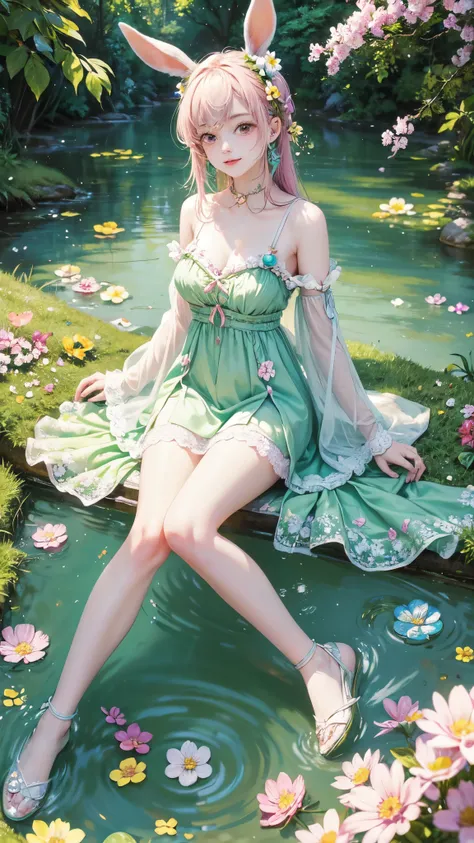 A captivating masterpiece of an Easter Bunny Girl, her pastel-hued rabbit ears framed against a backdrop of lush spring greenery. With an ethereal grace, she playfully dips her toes in the babbling creek, sending ripples across the shimmering surface. Surr...