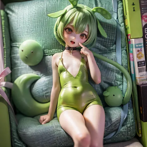 Naked green hair chibi zundamon cheeky face sexy pose