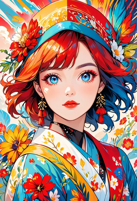 Create digital artwork in the Pop Art style, Vibrant and confident women，Go bold with makeup and colorful fashion, movie color scheme, Surrounded by vintage floral patterns, Vibrant strokes,Emotions should be dynamic, Upper body, , illustration, Grayscale