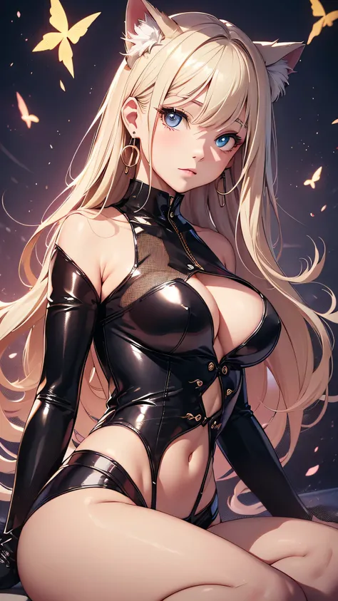 最high quality、best image quality、masterpiece、girl((20-year-old、 By becoming、vest bust、medium bust,wide open breast tea、shining blue eyes, blonde、long hair、thin,highest valley、diamond earrings、cat tail、Cat ear、cat costume jacket、cat gloves、how much do you k...