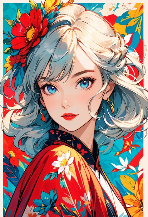 Create digital artwork in the Pop Art style, Vibrant and confident women，Go bold with makeup and colorful fashion, movie color scheme, Surrounded by vintage floral patterns, Vibrant strokes,Emotions should be dynamic, Upper body, , illustration, Grayscale