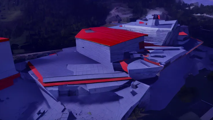 there is a small building with a red roof on a hill, dojo on a mountain, overwatch building, mining outpost, mirrors edge art style, style of mirrors edge, red building, cliffside town, mirrors edge, research outpost, futuristic outpost building, mirrors e...