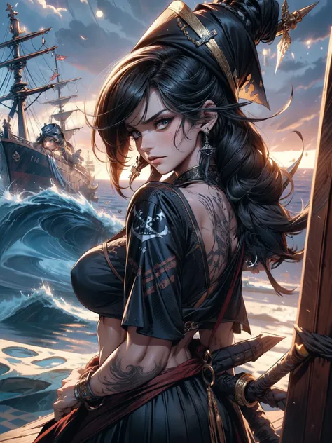 holding_weapon, weapon,dagger:1.5,holding_dagger, holding_knife,(best quality,ultra-detailed),pirates girl,short hair,abs muscular,holding dagger weapon,upper body,intricate complex detail,portraits,vivid colors,warm tones,soft lighting,pensive expression,...