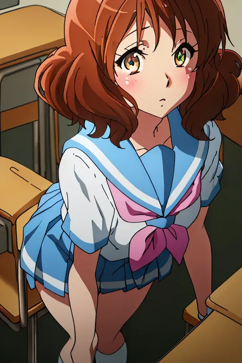 {oumae_kumiko_sound euphonium:1.15}, brown_hair, short_hair, brown_eye, blush, serafuku, front hair, green_null, blurry, cloud, ...