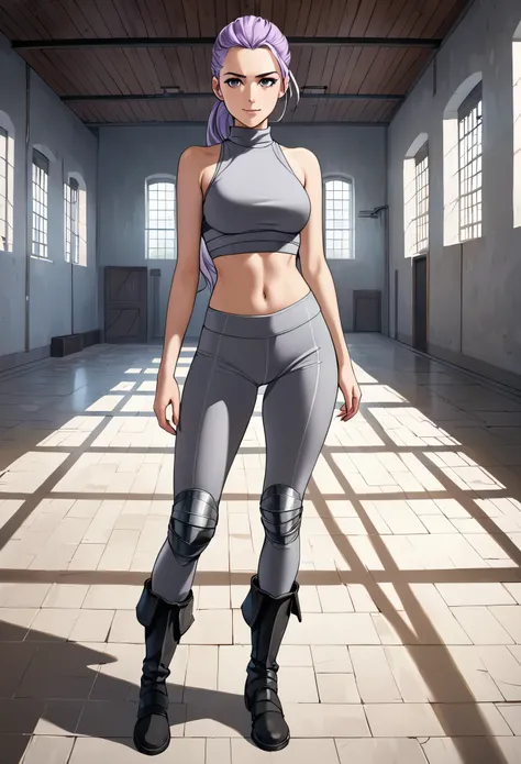 high quality, Detailed eyes, one girl, arrogant smile, light purple hair pulled back into a ponytail, in grey high neck crop top, in tight pants, hands are bandaged, in Boots, looks at the viewer, stands in an empty training room for knights, medieval fant...