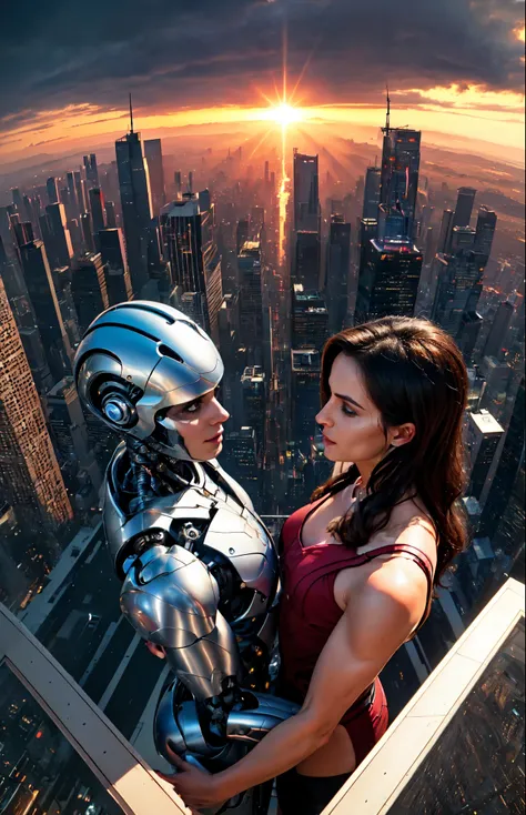 on the rooftop of a skyscraper, a male cyborg and a female cyborg engage in a sexual relationship. they are both depicted in stu...