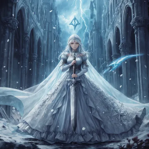 In a kingdom where fantasy and reality converge, a solemn warrior princess stands amidst the ruins of a once-magnificent cathedral. Her gown, as white as fallen snow, billows around her, adorned with the blossoms of an eternal spring. She wields a colossal...