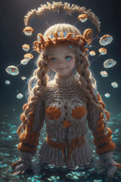 (La best quality,High resolution,super detailed,actual),Cute knitted jellyfish，smiley face，at the bottom of the sea，Surrounded by glowing jellyfish，Dreamy elements（ （（masterpiece）））， （（best quality））， （（intricate details））（8K）