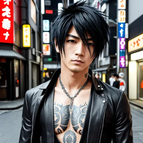 1 Mann, japanischer Mann, masculine, muscular, visual kei Haare, Haarschnitt visual kei, schwarz, Tattoos, piercings, asiatische Augen, Augen asiatisch, Ultra detailed face and body, Hyperrealistisch, stands on the street in Tokyo Japan, japanisches Gesich...