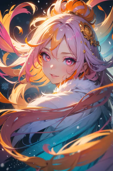 masterpiece, best quality, 1girl, smile, golden and orange swirling vortexes colourful cloudy and smoke and colorful background, (snowing) (( swirling vortexes colourful hair)), wear white fur coat, ((long Hair)), ((right side)), emotional face, close up, ...