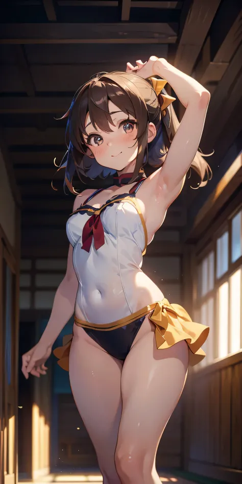 best picture quality, 8K, high quality, masterpiece:1.2), ((masterpiece)), (high detail, high quality, best picture quality), bokeh, DOF, Portrait, open stance, (cute illustration:1.2), (konosuba, yunyun), (nsfw:1.2), sunny light, in room, perfectly balanc...