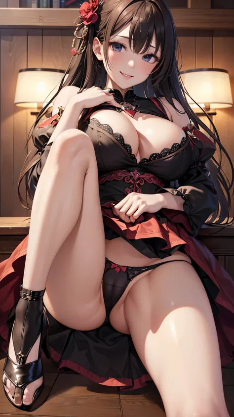 ((highest quality、High resolution、Highly detailed CG Unity 8K wallpaper))、detailed face、perfect body、unparalleled beauty、beautiful breasts、open your legs、Embarrassing erotic smile、skirt、((she shows her panties up close))