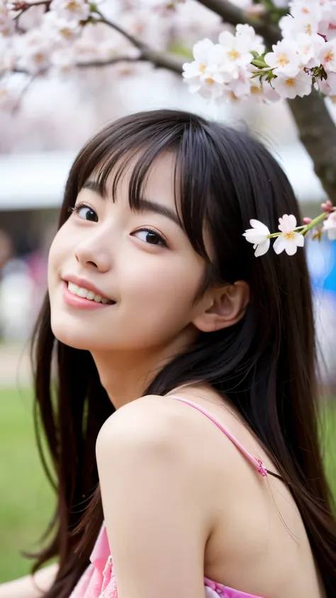 Best-quality, Masterpiece, Ultra-High-Resolution, (Photorealistic:1.4), Raw-Photo, 1girl, 15-years-old, the most famous Japanese idol, having a lot of fun at cherry blossoms viewing party, completely drunk, dynamic-pose, extremely cute drunk-face like the ...