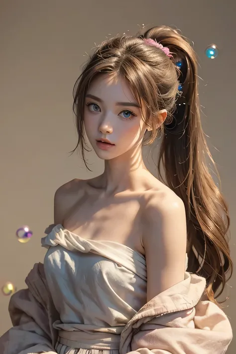 (masterpiece), (best quality), (super detailed), (dirty hair), (illustration), (1 girl) (pink long hair 1.5) (blue eyes) (Double ponytail 2.0), ((((Off the shoulders))),hanfu, (looking at the audience, (interview), (Simple background), beautiful and delica...