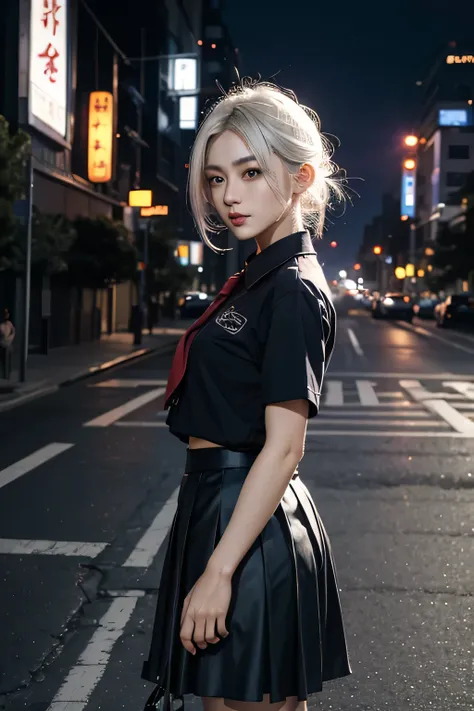 (8K, original photo, masterpiece:1.3), (actual, photo-actual:1.37), (night), (looking at the audience:1.331), (white hair), posture, Tokyo Street, nightcityscape, Cyberpunk City, soft light, 1 girl, extremely beautiful face, broken into pieces, put your ha...