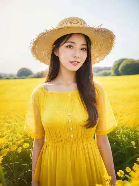 Araf woman wearing straw hat in yellow flower field, Wearing yellow gauze, wearing a straw hat, xintong chen, Hungry Ghost Festival, flowers around, girl frontal lobe in flower field, Standing in the flower field, User photo, Urzan, The album cover, in a f...