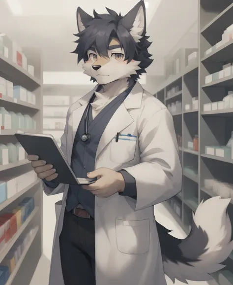 1boy,boy,solo,furry,kemono,anthro,tail,pharmacy,doctor,labcoat,