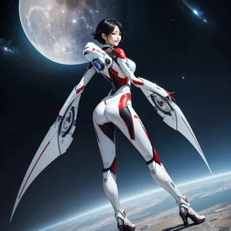 (Masterpiece) A beautiful korean girl, smile, short curvy black hair, long leg, supermodel, scifi, wear metal white-red robot suit, fly at stratosphere looking down to our blue earth. Full body angle, view from the back, the blue moon is far away in the ba...