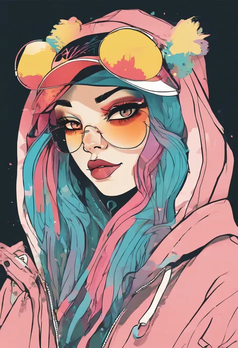 cool and trendy girl, rainbow colored hair, yellow eyes, Wear trendy hip hop clothes, wearing a hoodie, Graphic T-shirt and ripped jeans, Many tattoos and piercings, doodle style background, highly detailed background, perfect masterpiece, high quality, Hi...