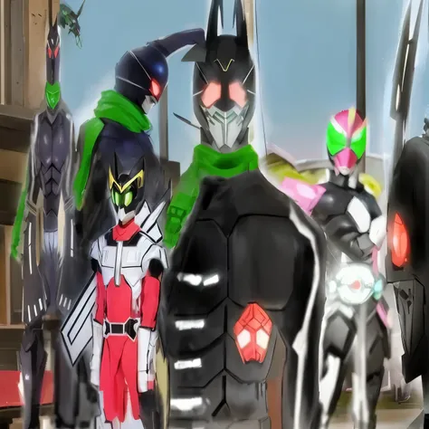 anime characters dressed in costumes and hats standing in a row, high fantasy kamen rider, kamen rider character, kamen rider, tokusatsu, cel shaded anime, masked heroes, guyver style, cell shaded!!!, kamen rider ghost, the mekaverse, transforming into his...