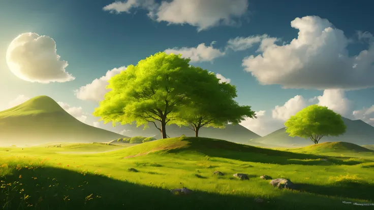 fantasy landscape, sunny, plain, greening, cloud,