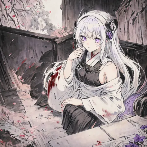 Virtuous person, lolita, anime girl, medieval, anime girl, white hair and violet eyes, Black socks,Tunic, blood mist, alchemist