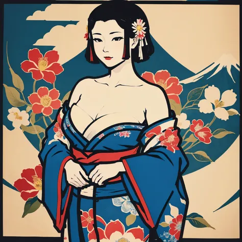 Art vintage japonais, Conception de t-shirts, art vectoriel, plat d&#39;art:1,4.  (japonaise, en kimono, best quality, Art officiel, Beaucoup de couleurs, couleurs du japon, ukiyo-e, le mont fuji, fleurs de cerisier, bare shoulders, belles formes,: 1.2)