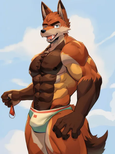 There is a cartoon picture of a fox wearing a shirt, furry chest, furry body, muscular werewolf, fluffy chest, Hi-res fee, hairy brown body, furry anime, for full body commission, Thick furry neck and chest fluff, furry art!!!, furry fursona, software vers...