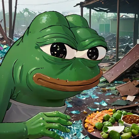 a hurricane-ravaged environment with lots of broken glass and scattered items, eating meat,(((pepe_frog))), 1 boy