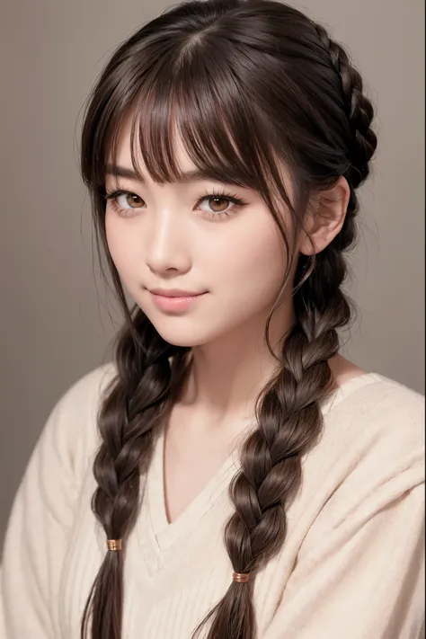 Realistic, masterpiece, highest quality, highest resolution, one japanese woman, A happy smile, beautiful detailed eyes, black eyes, thin eyebrows, Make your eyelashes delicate, false eyelashes, natural makeup, (braid hair, blunt bangs, brown hair:1.2), de...