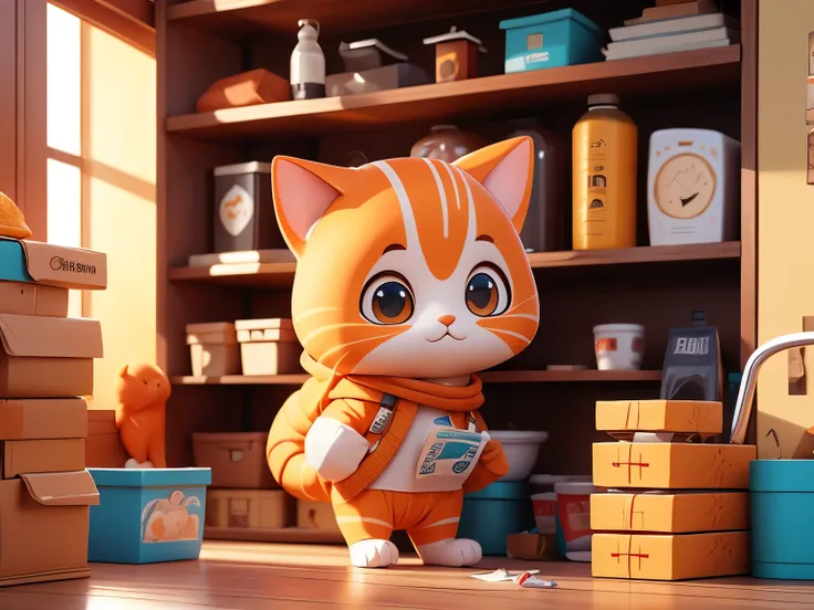 An orange cat with a white belly，Wearing a hat to reveal cute cat ears，Holding a kraft paper express box in hand，Walking happily，There are 8 shelves in the background，货架上有drinks矿泉水，drinks，potato chip，And daily necessities。