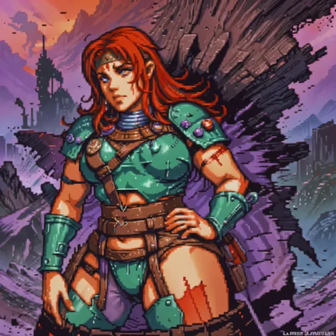 One barbarian girl, red head girl, space-warrior girl, cyborg girl, beautiful bbw girl, chubby girl, woman-warrior, whole body, nude body, Perfect skin, space background, blood rain, dark fantasy, Linsner style, Science fiction, 80s, 16-bit game, VHS era, ...