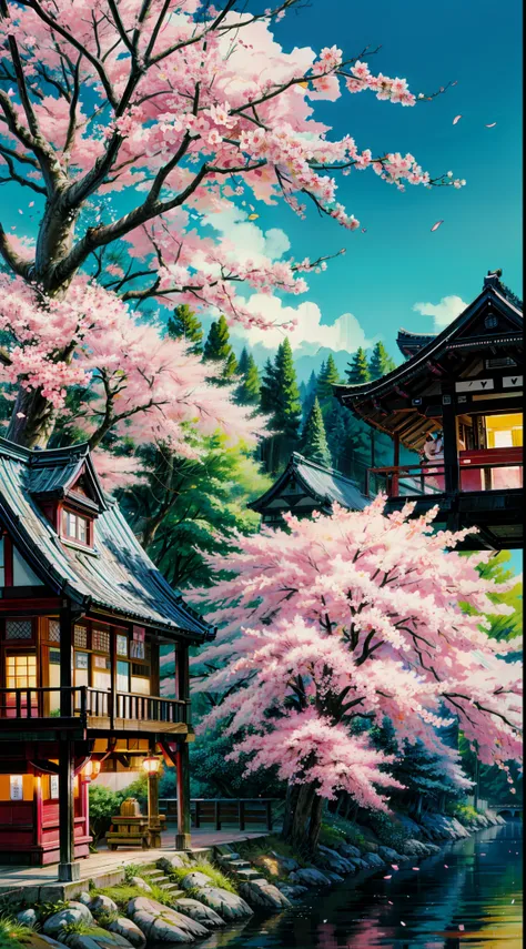 Painting of a tree with pink flowers in front of a building, sakura blooming on background, cherry blossom falling, sakura season, sakura tree in background, spring season city, japan at night, tokyo background, ( colorful ), by Sōami, by Torii Kiyomitsu, ...