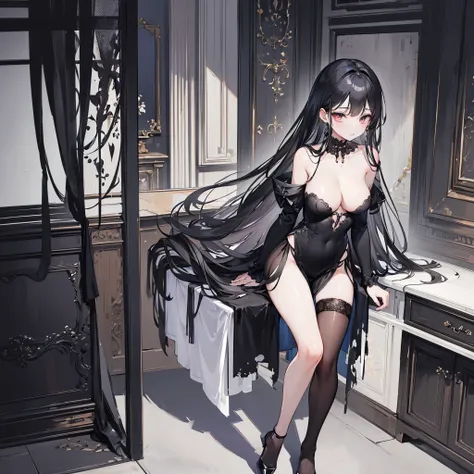 (masterpiece, best quality) detailed, black stockings， silver accessories , long black hair ,elegant,，torn clothes，Developing very well，Wear very conservative clothes