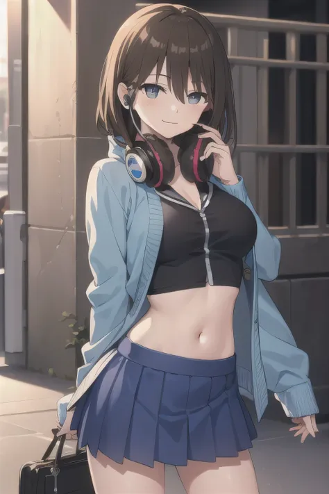 All intricate details step by step: "(2d, masterpiece, best quality, anime, highly detailed, 1girl, solo, cowboy shot, nakano miku, brown hair, hair between eyes, blue cardigan, headphones, Crop top ,  skirt, miniskirt, medium breasts, standing, , outdoors...