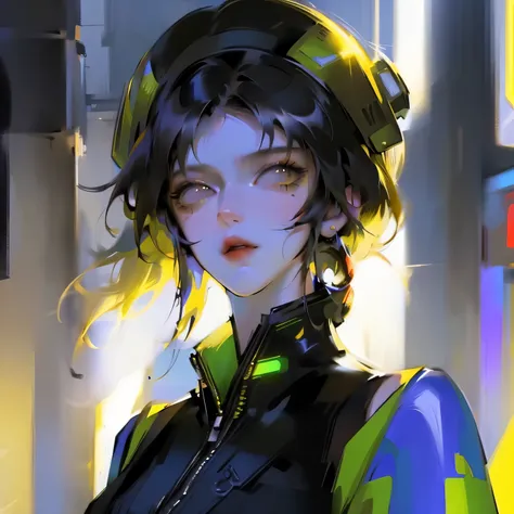 (yellow cyberpunk speed tactical suit:1) (1woman) dark theme :: focus on closeup face, serious face, cibetic visor, :: medium bl...