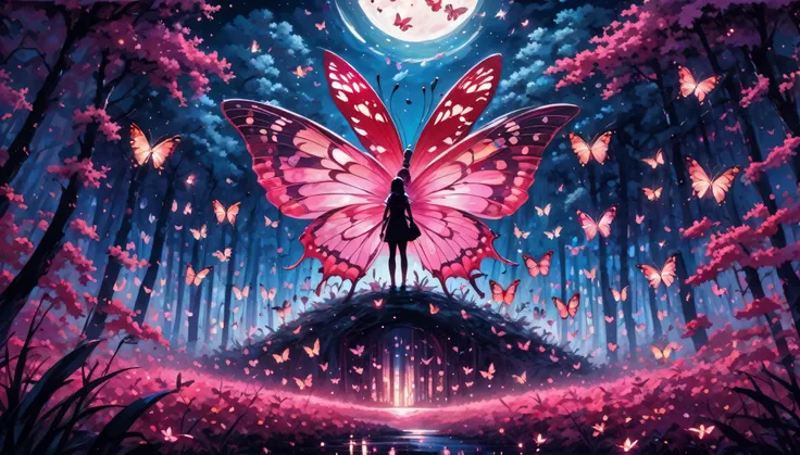 abstract paintings，pink forest，moonlit background，fireflies surround a giant anthropomorphic red butterfly，center composition，sy...