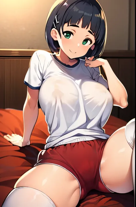 very huge  , (T-shirt and red bloomers:1.5), Naoha Kirigaya(Sword Art Online), 1 girl, bob hair, black hair, hair clip, masterpiece, green eyes, highest quality, Sexy、Kazuto Kirigaya&#39;s bedroom、dynamic angle,, full body portrait、A smile only on the lips...